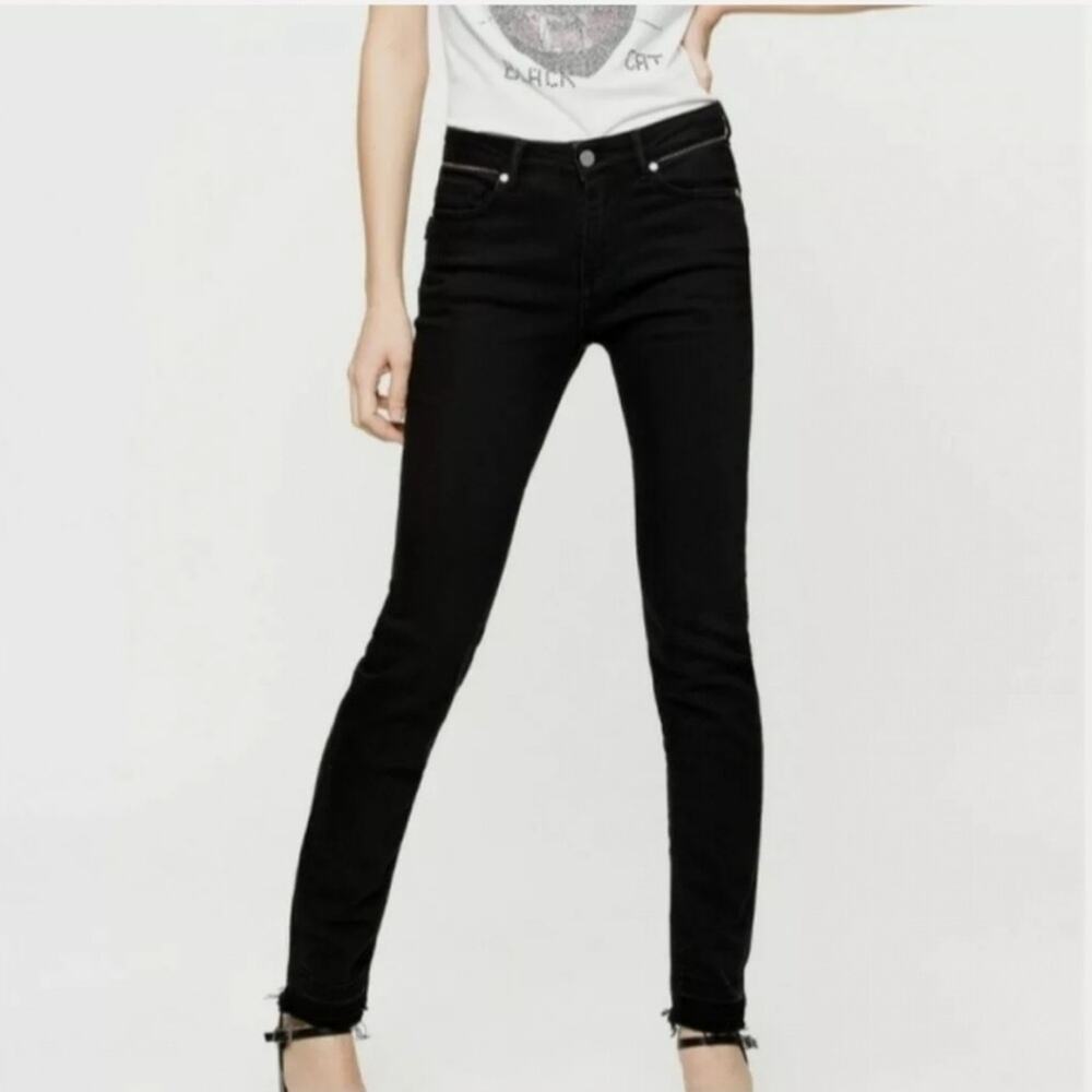 Zadig and Voltaire Eva zip black raw hem jeans skinny straight indie sleeze 26/2